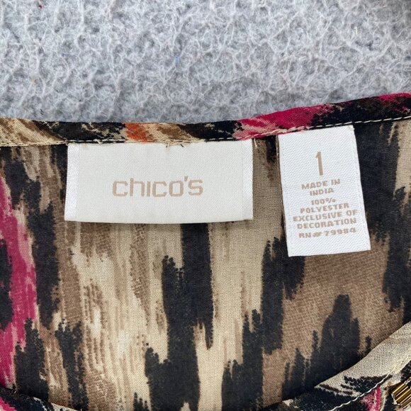Chicos Top Womens 1 US Medium Brown Multi Ikat Embellished 3/4 Sleeves Blouse - Picture 5 of 9